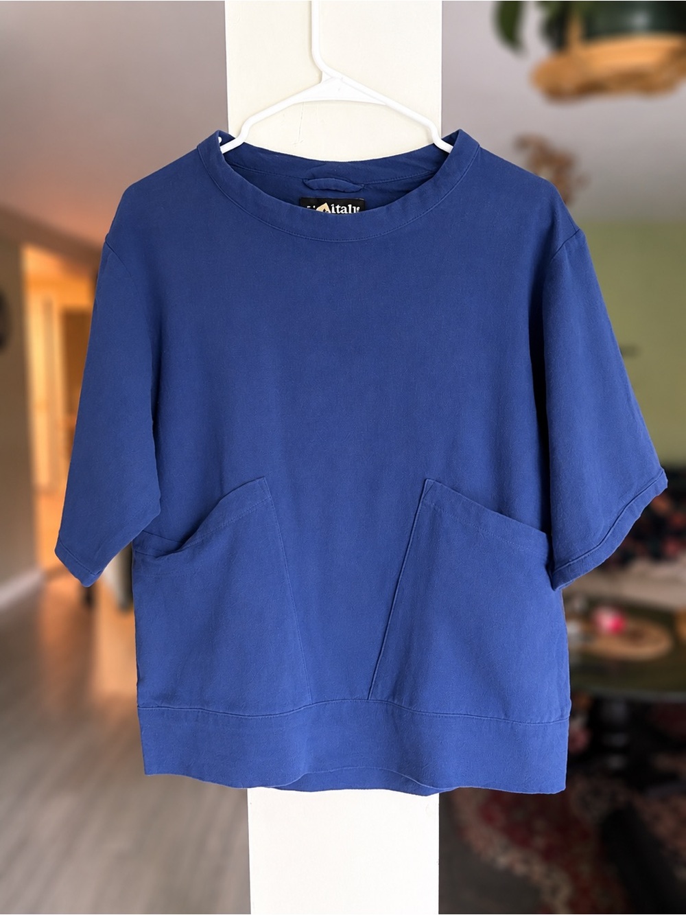 Monitaly Made in USA Blue Cotton Oversized Pocket Top Size Small